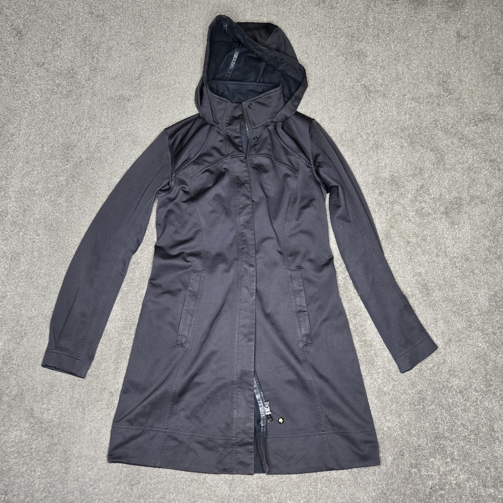 LULULEMON Womens Size 4 Black Long Hooded Jacket  Coat Terry‎ LOGO Lining